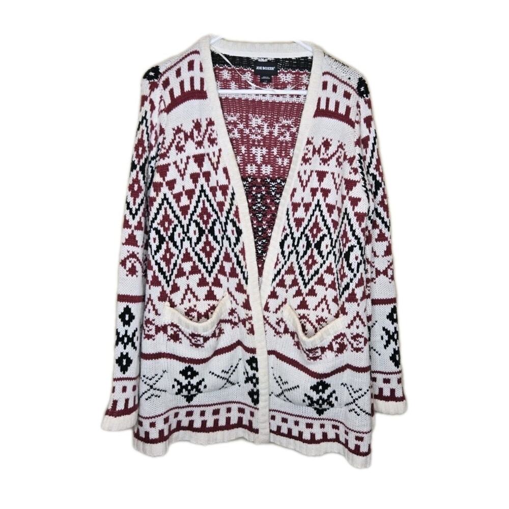 Women's Joe Boxer Geometric Cardigan Sweater L No Button Aztec Black Maroon New
